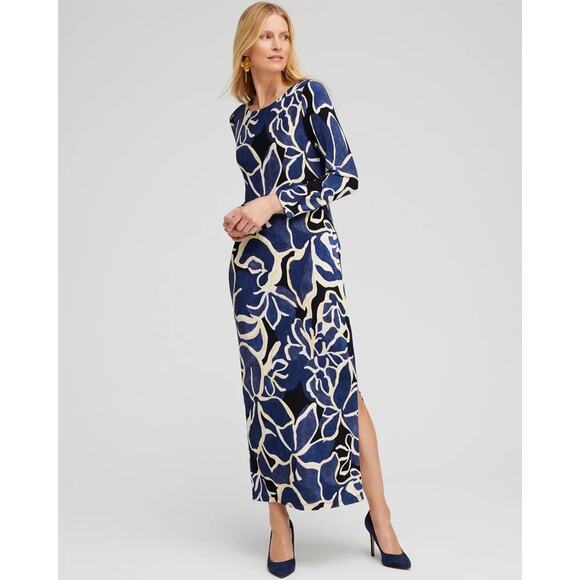 Chico's Travelers Blue Cream Floral Artsy Mature Modest Stretch Maxi Dress Sz LP - Picture 1 of 11